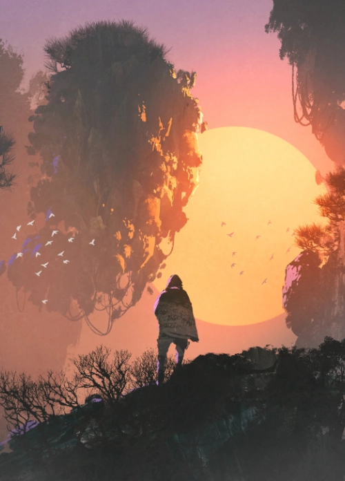 Homme regardant des  îles flottantes